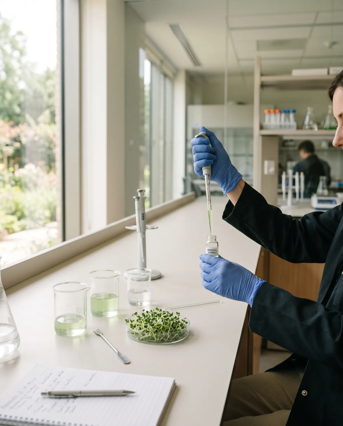 Scientist pipetting broccoli-sprout extract in a laboratory